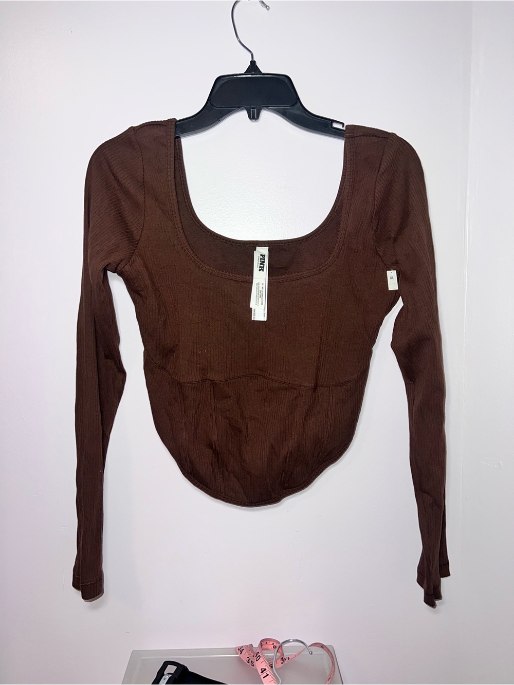 PINK Womens Square Neck Ribbed Long Sleeve Top - Brown